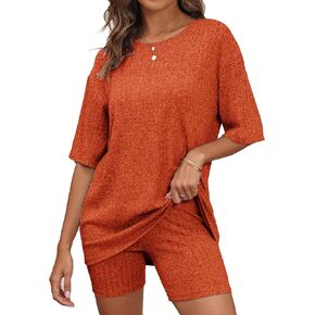 BEKOFO Women's Lounge Sets Pajamas Ribbed Knit Short Sleeve 2 Pieces Tshirt Bike Shorts Loungewear Outfits