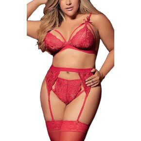 Women Plus Size Lingerie - Sexy Bow Lace Bodysuit Exotic Strap Harness Bra Panty Garter Belt 3pcs Set