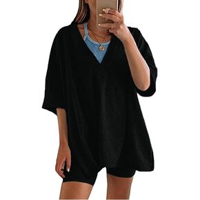 Yozazzy Women's Two Piece Outfits Oversized V Neck T Shirt Biker Shorts Reversible Sets Workout Tracksuit