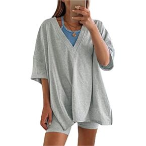Yozazzy Women's Two Piece Outfits Oversized V Neck T Shirt Biker Shorts Reversible Sets Workout Tracksuit
