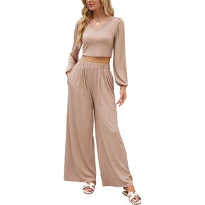 KOJOOIN Women 2 Piece Casual Outfits Lounge Sets Ribbed Knit Long Sleeve Crop Top Wide Leg Palazzo Pants Tracksuits in Kuwait