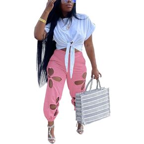 KEYUFANG Women 2 Piece Outfits Casual Short Sleeve Knot Crop Top Flower Hollowed Out Sweatpants 2023 Fall Fashion Tracksuit