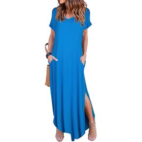Arolina Women's Summer Maxi Dress Short Sleeve V Neck Casual Loose Long Beach Split Dresses with Pockets