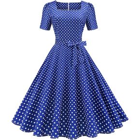 Women Vintage 50s 1950s Dress Square Neck A-line Polka Dot Rockabilly Swing Evening Party Cocktail Dresses