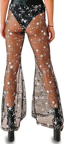 Rave Outfit for Women Outfit Festival Dance Clubwear Bell Bottom Mesh Sheer Pants in Kuwait