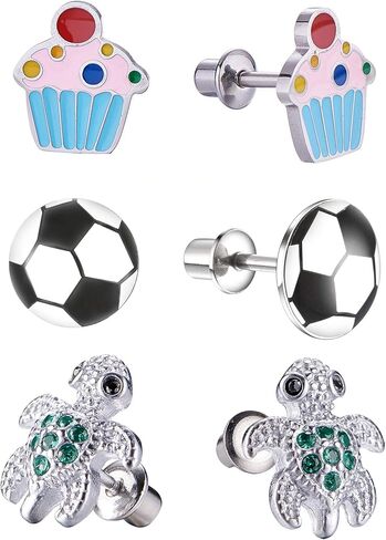 هيبوالرجينيك يونيكورن الفراشة القلب السلحفاة زهرة مخلب طباعة الفأر كب كيك كرة القدم الكرة مسمار مجموعة القرط مع المسمار الآمن للأطفال، الأطفال الصغار، الفتيات الصغيرات، الفتيات الصغيرات in Kuwait