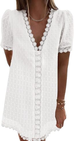 LookbookStore Women's Summer V Neck Casual Short Sleeve Swiss Dot Lace Shift Dress in Saudi Arabia