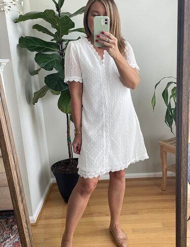 LookbookStore Women's Summer V Neck Casual Short Sleeve Swiss Dot Lace Shift Dress in Saudi Arabia