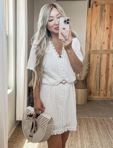 LookbookStore Women's Summer V Neck Casual Short Sleeve Swiss Dot Lace Shift Dress in Saudi Arabia