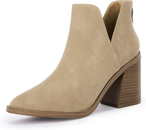 Womens Pointed Toe Stacked Mid Heel Ankle Boots V Cut Back Zipper Faux Leather Booties in Saudi Arabia