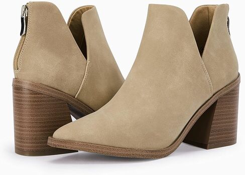 Womens Pointed Toe Stacked Mid Heel Ankle Boots V Cut Back Zipper Faux Leather Booties in Saudi Arabia