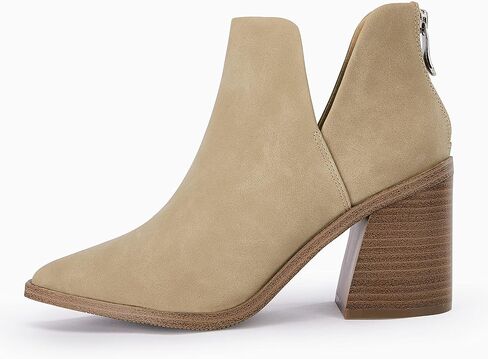 Womens Pointed Toe Stacked Mid Heel Ankle Boots V Cut Back Zipper Faux Leather Booties in Saudi Arabia