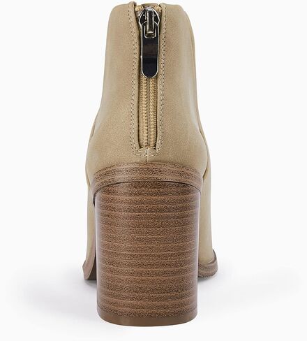 Womens Pointed Toe Stacked Mid Heel Ankle Boots V Cut Back Zipper Faux Leather Booties in Saudi Arabia
