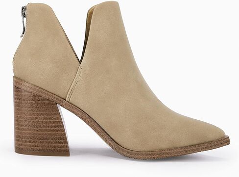 Womens Pointed Toe Stacked Mid Heel Ankle Boots V Cut Back Zipper Faux Leather Booties in Saudi Arabia