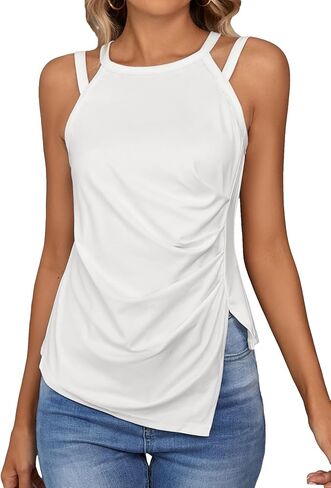 WDIRARA Women's Cut Out Ruched Split Side Sleeveless Asymmetrical Hem Halter Top in Kuwait