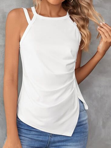 WDIRARA Women's Cut Out Ruched Split Side Sleeveless Asymmetrical Hem Halter Top in Kuwait