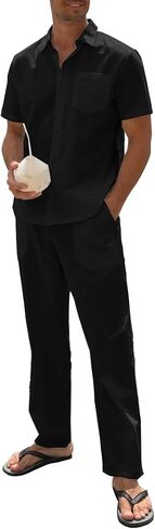 SIENDIU Men's Linen sets 2 Piece Outfits Beach Wedding Clothes Casual Button Down Shirts Yoga Pants Summer Matching Suit in Kuwait