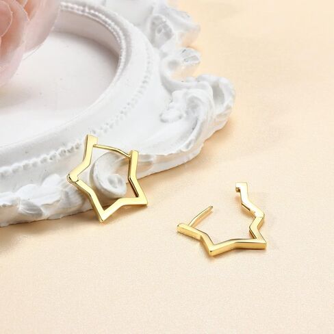 Milacolato 925 Sterling Silver Small Hoop Earrings for Women 18K Gold Plated Geometric Huggie Hoop Earrings Hypoallergenic Triangle Rectangle Heart Star Oval Cute Hoop Earrings for Women Girls in Saudi Arabia