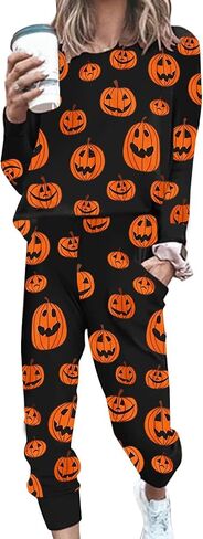Women Halloween Two Piece Sweatshirt Set Long Sleeve Pullover Tops and Long Pants Fall Winter 2 PCS Tracksuit in Saudi Arabia