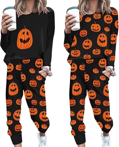 Women Halloween Two Piece Sweatshirt Set Long Sleeve Pullover Tops and Long Pants Fall Winter 2 PCS Tracksuit in Saudi Arabia