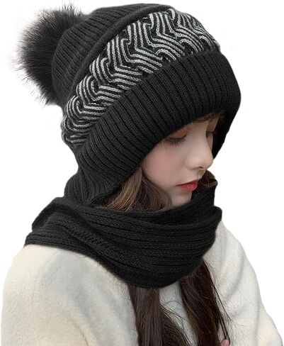 Womens Winter Hats Scarf All in One Beanie Hats with Pompom, Fleece Lining Warm Knit Skull Cap Beanie for Women in Saudi Arabia