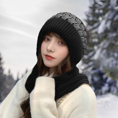 Womens Winter Hats Scarf All in One Beanie Hats with Pompom, Fleece Lining Warm Knit Skull Cap Beanie for Women in Saudi Arabia