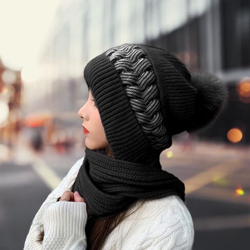 Womens Winter Hats Scarf All in One Beanie Hats with Pompom, Fleece Lining Warm Knit Skull Cap Beanie for Women in Saudi Arabia