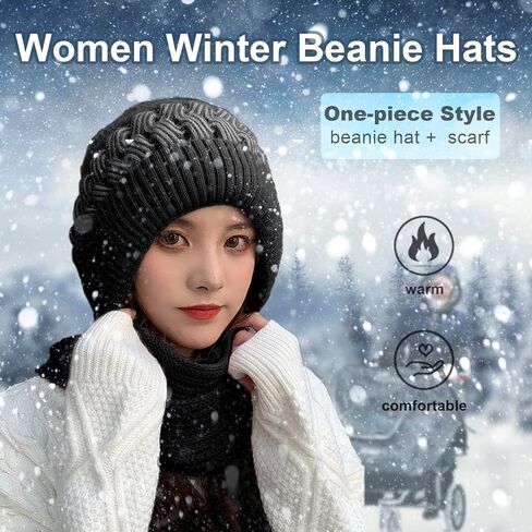 Womens Winter Hats Scarf All in One Beanie Hats with Pompom, Fleece Lining Warm Knit Skull Cap Beanie for Women in Saudi Arabia