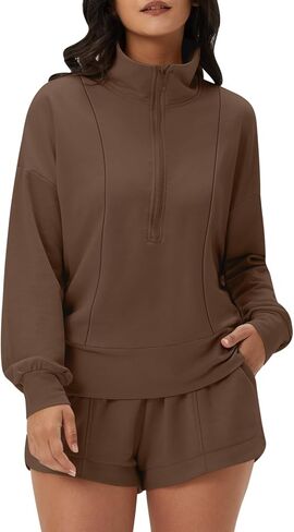 DEEP SELF Women 2 Piece Outfits Sweatshirt Quarter Zip V Neck Long Sleeve Pullover Top Shorts Pajamas Tracksuit Sets in Saudi Arabia