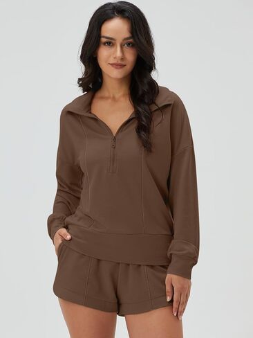 DEEP SELF Women 2 Piece Outfits Sweatshirt Quarter Zip V Neck Long Sleeve Pullover Top Shorts Pajamas Tracksuit Sets in Saudi Arabia