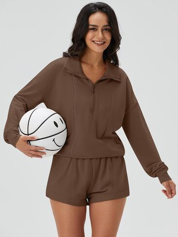 DEEP SELF Women 2 Piece Outfits Sweatshirt Quarter Zip V Neck Long Sleeve Pullover Top Shorts Pajamas Tracksuit Sets in Saudi Arabia