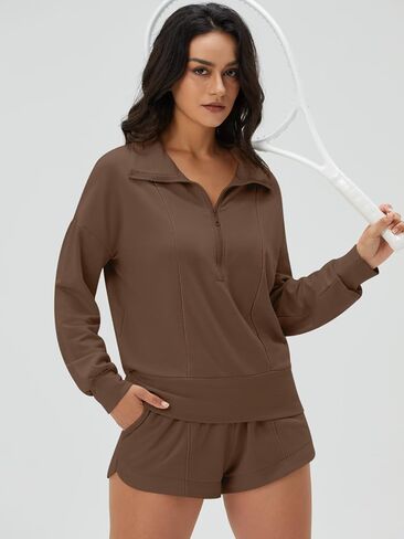 DEEP SELF Women 2 Piece Outfits Sweatshirt Quarter Zip V Neck Long Sleeve Pullover Top Shorts Pajamas Tracksuit Sets in Saudi Arabia