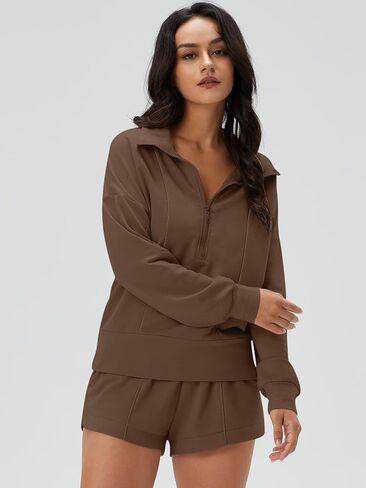 DEEP SELF Women 2 Piece Outfits Sweatshirt Quarter Zip V Neck Long Sleeve Pullover Top Shorts Pajamas Tracksuit Sets in Saudi Arabia