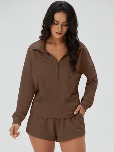 DEEP SELF Women 2 Piece Outfits Sweatshirt Quarter Zip V Neck Long Sleeve Pullover Top Shorts Pajamas Tracksuit Sets in Saudi Arabia