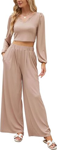 KOJOOIN Women 2 Piece Casual Outfits Lounge Sets Ribbed Knit Long Sleeve Crop Top Wide Leg Palazzo Pants Tracksuits in Kuwait