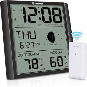 جيفون ساعة حائط ذرية رقمية، ساعة منبه ذرية ذاتية الضبط مع درجة حرارة داخلية وخارجية، تقويم، مرحلة القمر للمنزل والمكتب وكبار السن (مستشعر لاسلكي خارجي) تحديث in Kuwait