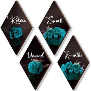 ONIZHITY Set of 4 Blue Bathroom Decor Rose Wooden Wall Decor Flower Rustic Romantic Floral Farmhouse Blue Wall Decor Modern Breathe Soak Unwind Relax Signs for Room Kitchen Bathroom (blue 12 x 7) in Kuwait