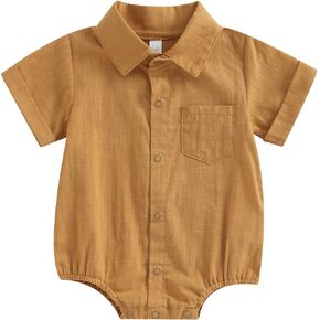 Newborn Baby Boy Cotton Linen Shirt Bodysuit Solid Color Short Sleeve Button Down Bubble Romper Summer Clothes in Kuwait