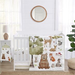 مجموعة مفروشات سرير الأطفال من Sweet Jojo Designs Woodland Forest Animals Boy Girl محايدة للجنسين للجنسين، بطانية غرفة حضانة الرضع، بطانية مناسبة، تنورة حفاضات مكدس 4p، أصدقاء الحيوانات، الدب القنفذ، ألوان مائية