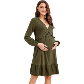 Coolmee Maternity Dress Women's Casual V Neck Long Sleeve High Waist Lotus Leaf Ruffle Swing Dress in Kuwait