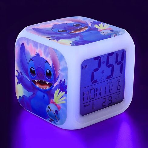 Adilymey Stich Alarm Clock for Kids - Mini LED Anime Alarm Clock - 7 Colorful Change, Time,Temperature, Date Alarm Clock for Kids Bedroom Decor in Kuwait
