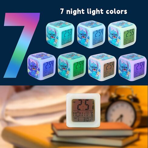 Adilymey Stich Alarm Clock for Kids - Mini LED Anime Alarm Clock - 7 Colorful Change, Time,Temperature, Date Alarm Clock for Kids Bedroom Decor in Kuwait