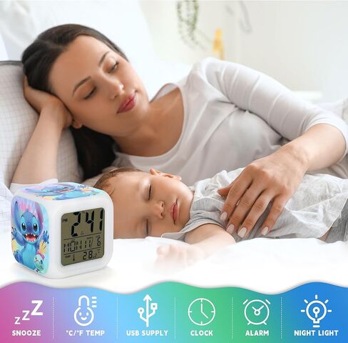 Adilymey Stich Alarm Clock for Kids - Mini LED Anime Alarm Clock - 7 Colorful Change, Time,Temperature, Date Alarm Clock for Kids Bedroom Decor in Kuwait