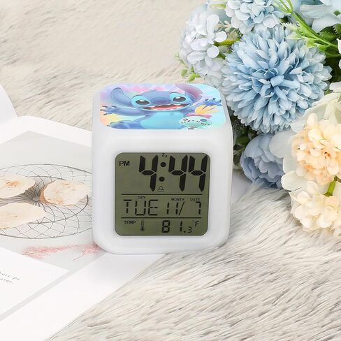Adilymey Stich Alarm Clock for Kids - Mini LED Anime Alarm Clock - 7 Colorful Change, Time,Temperature, Date Alarm Clock for Kids Bedroom Decor in Kuwait