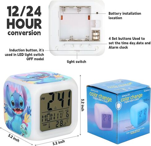 Adilymey Stich Alarm Clock for Kids - Mini LED Anime Alarm Clock - 7 Colorful Change, Time,Temperature, Date Alarm Clock for Kids Bedroom Decor in Kuwait