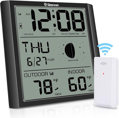 جيفون ساعة حائط ذرية رقمية، ساعة منبه ذرية ذاتية الضبط مع درجة حرارة داخلية وخارجية، تقويم، مرحلة القمر للمنزل والمكتب وكبار السن (مستشعر لاسلكي خارجي) تحديث in Kuwait