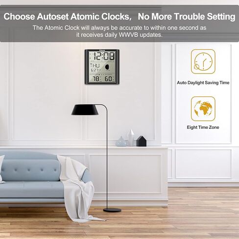 جيفون ساعة حائط ذرية رقمية، ساعة منبه ذرية ذاتية الضبط مع درجة حرارة داخلية وخارجية، تقويم، مرحلة القمر للمنزل والمكتب وكبار السن (مستشعر لاسلكي خارجي) تحديث in Kuwait