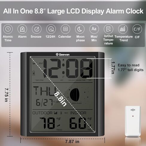 جيفون ساعة حائط ذرية رقمية، ساعة منبه ذرية ذاتية الضبط مع درجة حرارة داخلية وخارجية، تقويم، مرحلة القمر للمنزل والمكتب وكبار السن (مستشعر لاسلكي خارجي) تحديث in Kuwait