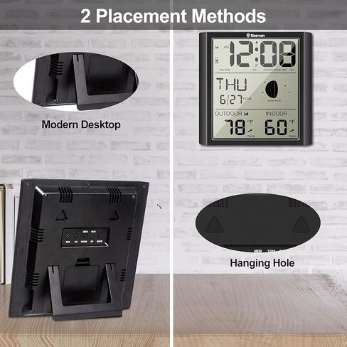 جيفون ساعة حائط ذرية رقمية، ساعة منبه ذرية ذاتية الضبط مع درجة حرارة داخلية وخارجية، تقويم، مرحلة القمر للمنزل والمكتب وكبار السن (مستشعر لاسلكي خارجي) تحديث in Kuwait