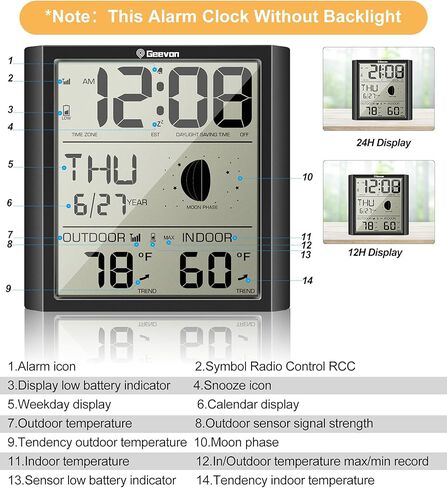 جيفون ساعة حائط ذرية رقمية، ساعة منبه ذرية ذاتية الضبط مع درجة حرارة داخلية وخارجية، تقويم، مرحلة القمر للمنزل والمكتب وكبار السن (مستشعر لاسلكي خارجي) تحديث in Kuwait